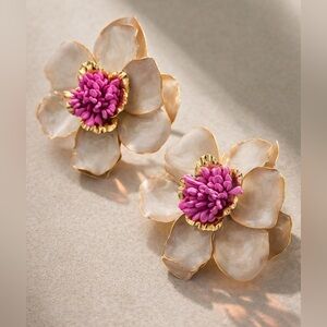 Ivory Bloom Flower Earrings with Pink Accents